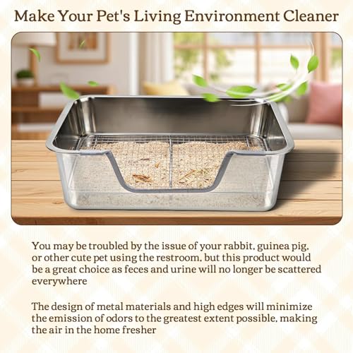 Rypet Large Stainless Steel Rabbit Litter Box Set for Small Animals | High Sides & Low Entry, 304 Stainless Steel Sifting Tray, Bowl and Bottle Included, Non-Slip, Easy to Clean, Odor Control - size: XL(23.6"×15.7"× 5.9")