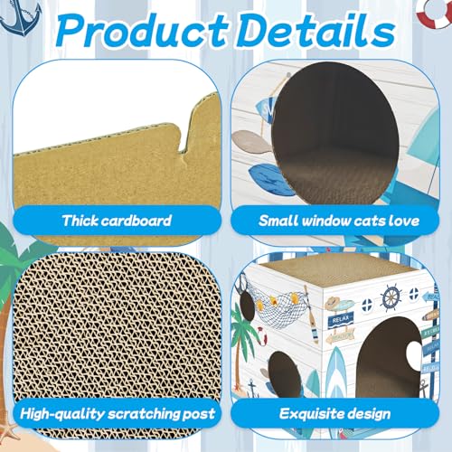 Cinrobiye Cardboard Cat House with 2 Pcs Scratching Pad，Pet Hideaway Cave Board Bed Playhouse Condo Box Decor Small Animals Scratcher Bed for Indoor Cats Kittens Rabbits Bunny - color: Blue