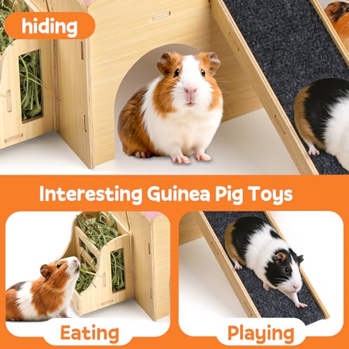 Large Guinea Pig Wooden Hideout with Detachable Snack Hay Feeder, Guinea Pig Castle with Plush Cushion and Ramp - Easy Assembly House for Play, Sleep & Exploration