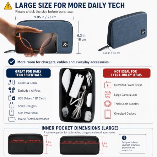 simtoper Electronic Organizer Travel Case – Waterproof Cable Bag for Cord, Charger, Hard Disk, Power Bank – Small Tech Storage for Travel, Backpack, Business Trip, Airplane - color: Blue, size: Large
