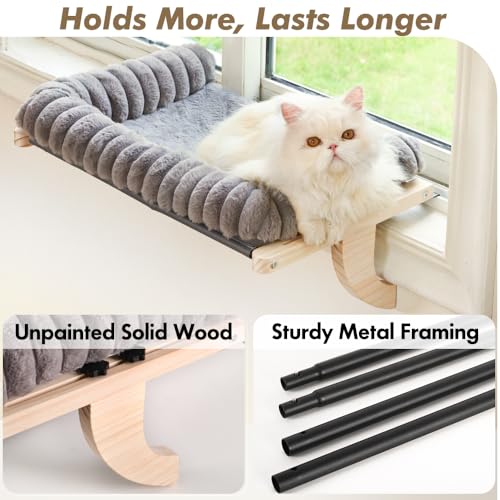 Cloud-Soft Cat Window Sill Perch with Zipper Designed Cushioned Bed, Supportive Cat Window Seat with Premium Solid Wood & Sturdy Metal Frame, Pet Hammock Bed for Large Cats (Large, Gray) - color: Grey, size: Large(24.4''x15'')