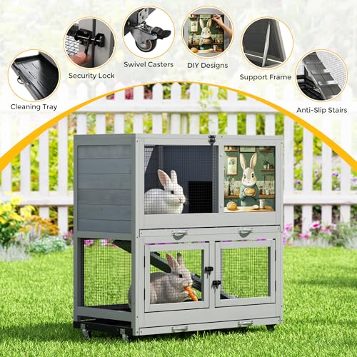 COZIWOW 2-Tier Bunny Hutch, Indoor Rabbit Cage with Wheels & Pull Out Tray | Easy Clean Pull Out Tray & Anti-Chew Ramp Included. Air Vent For Proper Ventilation. Rolling Casters For Mobility.