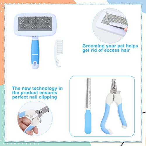 VCZONE Small Animal Grooming Set: Pet Nail Clipper & File, Flea Comb, Shampoo Brush, Shedding Slicker Brush, Massage Glove, Cleaning Comb (Blue) - color: Blue