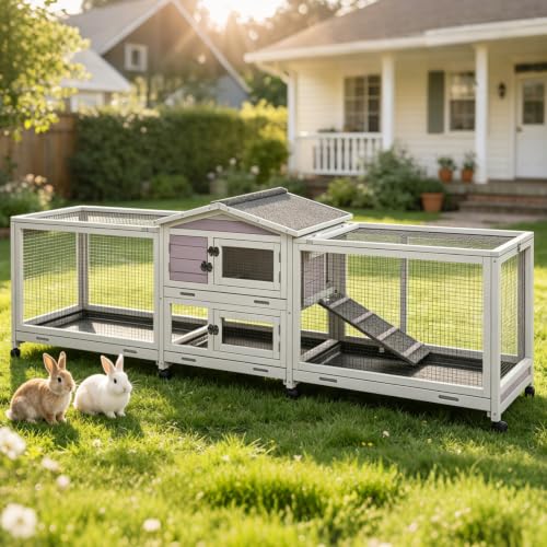 GUTINNEEN 2-Story Rabbit Hutch for 2-4 Bunnies - Wooden Guinea Pig Cage with Wheels, Pull-Out Trays & Waterproof Asphalt Roof, Indoor Outdoor - size: 93.7"L x 22.6"W x 33.5"H