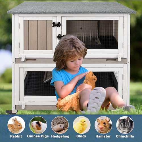 36" L Guinea Pig Cages Wooden, 2 Story Rabbit Cage Indoor Guinea Pig Habitat on 4 Metal Wheels and 2 Deeper Pull-Out Trays, Ramp, Leak Proof Guinea Pig Cages Indoor Small Animal Cage, Grey