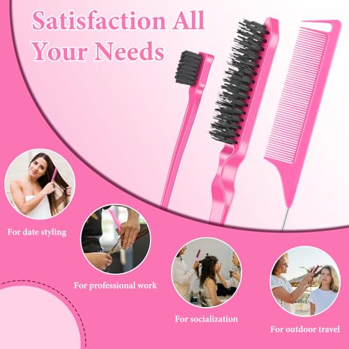 NICEMOVIC 102 Piece Edge Brush Bulk Set with 34pcs Teasing Brushes, 34pcs Rat Tail Combs, and 34pcs Edge Brushes for Women and Girls - Pink