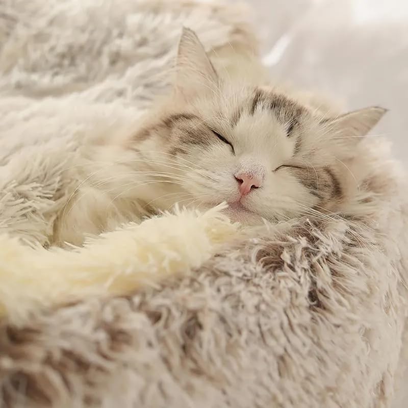 Round Fluffy Hooded Cat Bed Cave, Anti-Anxiety Cave Bed with Blanket | Hooded Cat Bed Cave, Cozy Cuddler Luxury Puppy Pet Bed, Anti-Slip Bottom and Machine Washable - color: Coffee, size: Large