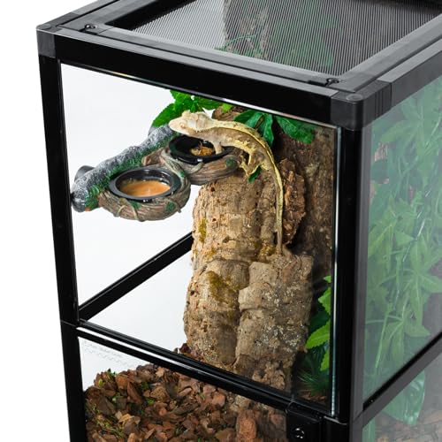 REPTI ZOO Magnetic Reptile Feeding Ledge, Gecko Feeder Ledge with 4PCS Cups, Hollow Vine Food Dish, Reptile Water Bowl for Bearded Dragon Lizard Snake Turtle, Terrarium Tank Accessories - size: Magnetic- Dual Feeder