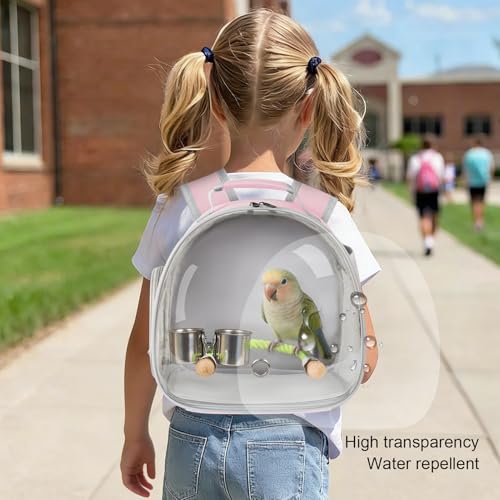 Small Bird Travel Backpack Carrier Cage with Cups, Backpack to Transport Backpack Carrier with Clamp Cups Stand Perch for Parakeet Cockatiel Budgies Vet Carry Book Bag Pink - color: Pink