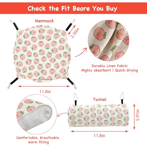 Ferret Hammock and Tunnel Set, 2-in-1 Hanging Bed and Hideout | Double-layer linen, 3-tier hammock and padded tunnel, metal hooks; for guinea pigs, rats, chinchillas and small pets - color: Peach