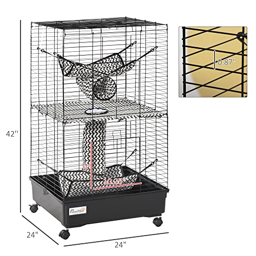 PawHut 42" Ferret Cage, Small Animal Habitat Metal Pet Cage with Wheels Brakes, Hammocks, Hanging Tunnels, and 3 Doors, Black | Metal Pet Cage, Hammocks, Hanging Tunnels