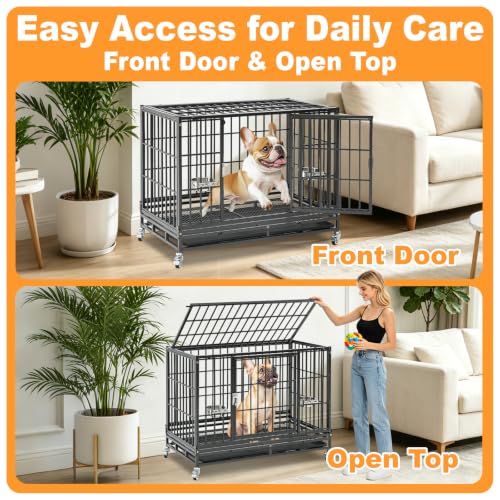 Homey Pet Three Tier 37" Heavy Duty Stackable Dog Crate with Wheels | Metal Cage for Dogs with Escape proof Locks, Tray, Bowl, Open Top, for Small and Medium Dogs, Breeders and Multi-dog Homes - size: 37.0"L - 3 Tiers - 1P