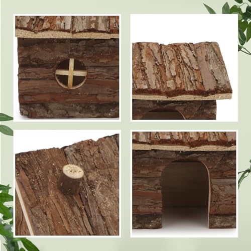 Hypeety Natural Wooden Hamster House Cage Small Animals House with Chimney | Natural solid wood, chew-proof and ventilated play house, for hamsters/gerbils/mice, no assembly required, 7.8x5.1x5.1'', M - size: M
