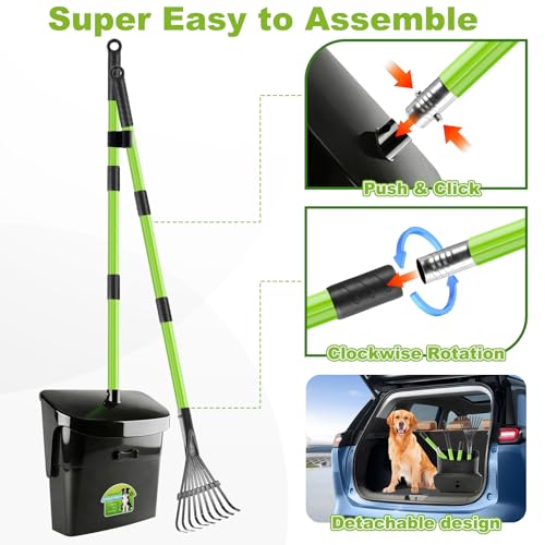 Pooper Scooper Swivel Bin & Rake with 50 Waste Bags, 38" Long Adjustable Handle Dog Poop Scooper for Yard Large Medium Small Dog, Easy to Clean Pet Waste Use on Grass, Dirt, Concrete or Gravel