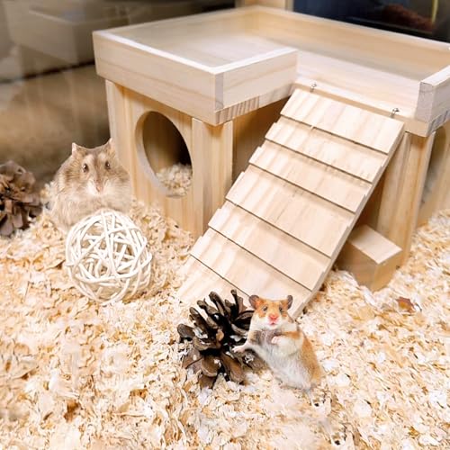 Wooden Hamster Hiding Place with Hamster Bowl Ladder and Detachable Platform, Suitable for Small Pets, Perfect for Hamsters, Rats, sandmice, mice and Other Small Animals