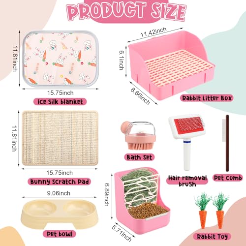 Honeydak 10 Pcs Rabbit Starter Kit Small Litter Box Bunny Grooming Kit Scratch Pads Hay Feeder Bowl Ice Pad with Bunny Toys for Guinea Pig Rabbit Accessories(Pink) - color: Pink