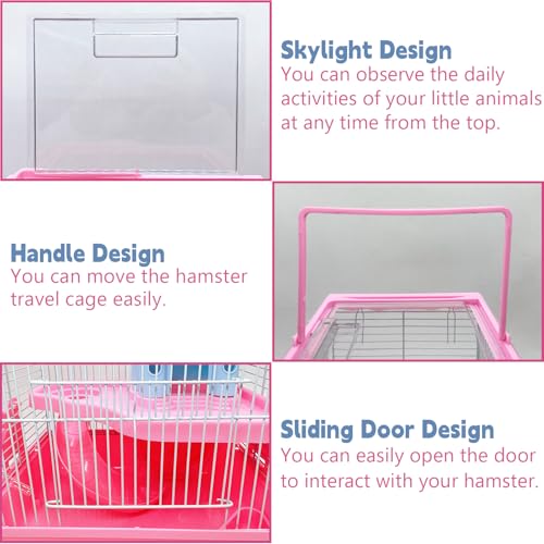 Tfwadmx Hamster Carrier, Dwarf Hamster Travel Cage, Portable Cages with Water Bottle, Gerbil Travel Carry Case Outdoor Vacation House for Small Mice(Pink,10.6”x8”x11.4”) - color: Pink