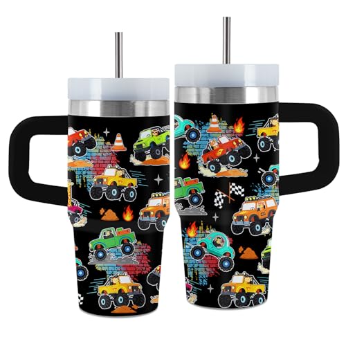 Truck 14oz Tumbler, with Handle Straw, Stainless Steel Sport Cup | 14 oz Insulated Water Bottle, Travel Vacuum Coffee Mug, Thanksgiving Christmas Birthday Gift for Son, Car Lover Gifts - color: Truck-Black