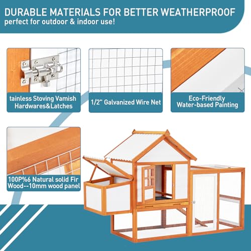Wooden Chicken Coop & Rabbit Hutch – Portable Hen House for 4-6 Chickens with 5 Access Doors, Nesting Box, Removable Tray, & PVC Roof, Backyard Chicken House for Rabbits, Ducks, Cats, Guinea Pigs