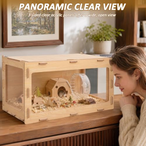 32" Hamster Cage with 3-Sided Clear Acrylic Panels | Interlocking Small Animal Habitat with Top Access & Ventilation for Syrian & Dwarf Hamsters, Gerbils and Mice - color: Natural Wood, size: 32.0"L x 16.1"W x 16.0"H