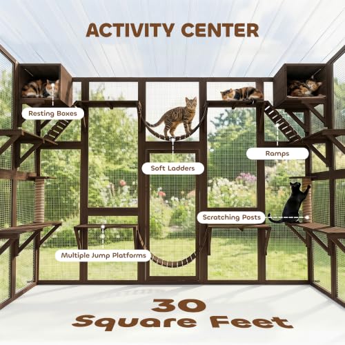 PawHut Catio Outdoor Cat Enclosure Window, 118" x 37.5" x 74", Coffee Brown | Outdoor Cat House, Weather Protection Roof, for 1-4 Kitties, Wooden Frame, Shelves & Bridges - color: Coffee Brown