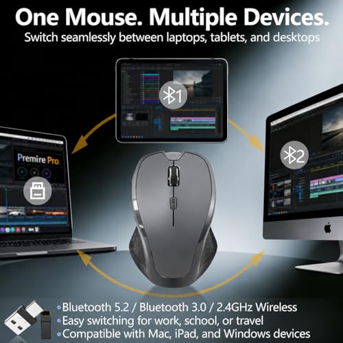 Bluetooth Ergonomic Mouse for MacBook & iPad, Built-in Jiggler,Gray | Bluetooth 5.2/3.0 + 2.4G USB-C/USB-A, Silent Rechargeable Mice For Home Office, Study, Laptop, PC, Work, Travel, Students - color: Gray
