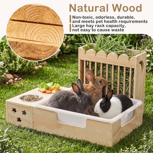 Upgraded 3‑in‑1 Wooden Rabbit Hay Feeder and Litter Box Combo | Extra Large, Mess‑Proof Hay Rack, Easy Clean, Stainless Steel Bowls, Small Pet Feeding Station - size: 26.1"W