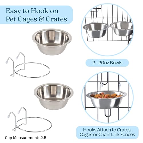 Set of 2 Stainless-Steel Dog Bowls - Cage, Kennel, and Crate Hanging Pet Bowls for Food and Water - 20oz Each and Dishwasher Safe by PETMAKER,Silver