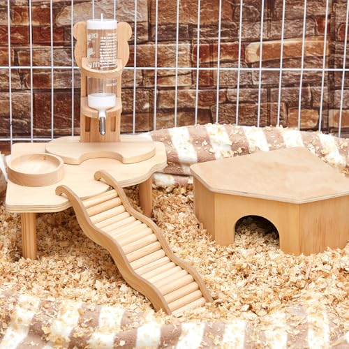 5 Pcs Hamster Cage Accessories, Wood Hamster Play Wooden Platform Water Bottle with Stand Climbing Set for Rat Mice Small Animals Pets Habitats Woodland Decor(Scalloped Platform) - style: Scalloped Platform