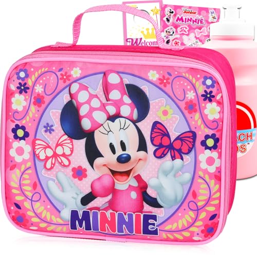 Minnie Mouse Lunchbox for Girls Kids Bundle w/Insulated Lunch Bag + More | Soft Minnie Lunch Box Plus Water Bottle, Stickers, More - Minnie Mouse School Supplies