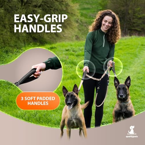 Double Dog Bungee Rope Leash - Dual Dog Lead for Medium and Large Breeds - Padded Handles, No Tangle - Flow Leash, 2 Dogs Walking Accessory - color: Brown
