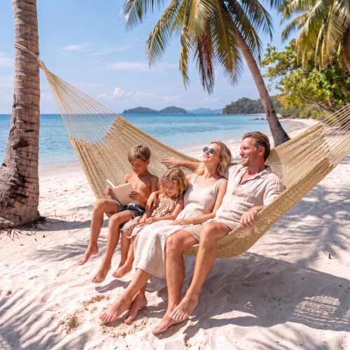 Family Handwoven Rope Mayan Hammock, 600 lbs Capacity, Extra Large | 2 Person, Portable Carrying Bag, Easy-Used Tree Straps, Carabiners, Soft Fabric, Patio (Tan, XX-Large) - color: Tan, size: XX-Large