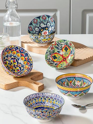 HENXFEN LEAD Boho Ceramic Dessert & Snack Bowls Set of 6, 10 oz | Assorted Patterns, Ideal for Ice Cream, Yogurt, Fruit, Nuts, Rice & Side Dishes, Microwave & Dishwasher Safe - size: 10 Oz