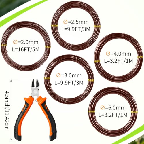 Mudder 5 Roll Aluminum Bonsai Training Wire Tree 2/2.5/3/4/6mm 42 Feet Total with Bonsai Wire Cutter Anodized Training for Holding Branches Small Trunks(Brown) - color: Brown, size: 2/2.5/3/4/6mm