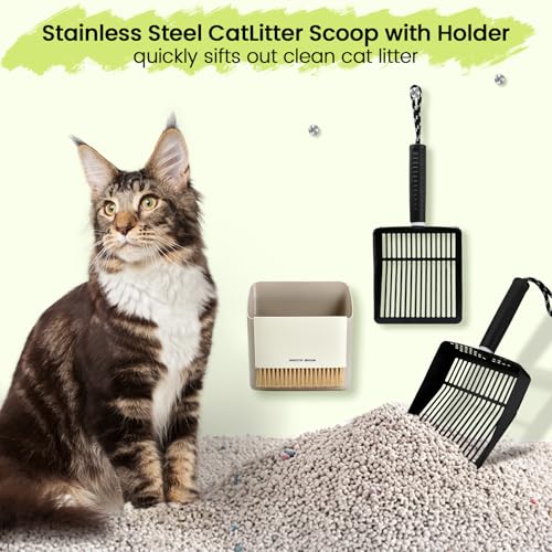 Cat Litter Scoop with Holder, Stainless Steel, Non-Slip Handle | Stainless steel litter scoop with holder captures clumps fast and includes a mini broom and dustpan for easy cleanup - color: Black