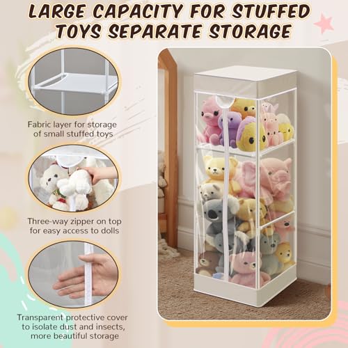 Colingmill 2-tier Plush 47 In Vertical Toy Stuffed Animal Storage Organizer Holder Cage Bin with PVC Waterproof and Dust Cover Zippered Stuffed Animal Organizer Playroom Nursery Kindergarten(White)