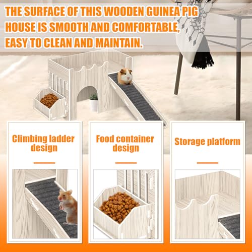 Guinea Pig Hideout House, Wooden Guinea Pig Castle with Feeding Basin, Guinea Pig Toys Accessories for Chinchilla Hamster Hedgehog Bunny