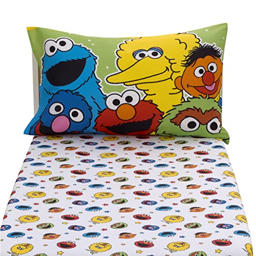 NoJo Sesame Street Come and Play Blue, Green, Red and Yellow, Elmo, Big Bird, Cookie Monster, Grover and Oscar The Grouch 2 Piece Toddler Sheet Set - Fitted Bottom Sheet and Reversible Pillowcase - color: Sesame Street Come and Play