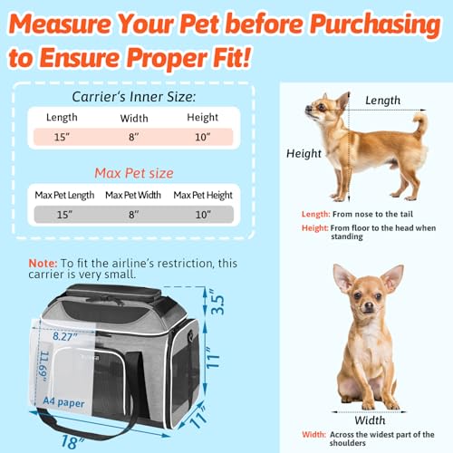 Top-Expandable Small Pet Carrier 18"x11"x11" Airline Approved | for Delta/American/United Airlines, Lockable Safety Zippers and Anti-Scratch Mesh, Soft-Sided, Pets Under 10 Lbs, Grey - color: Grey, size: 18.0"L x 11.0"W x 11.0"H