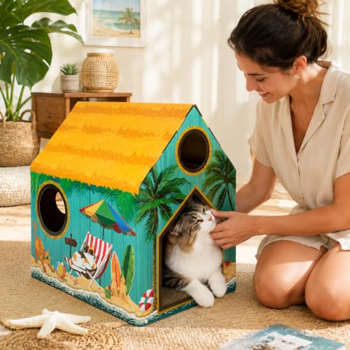 Cinrobiye Cardboard Cat House with Scratcher, Indoor Cat Condo Cat Cave Hideout with Scratch Pad, Cardboard Cat Playhouse Bed for Cats, Kittens, Rabbits & Small Pets (Beach) - color: Beach