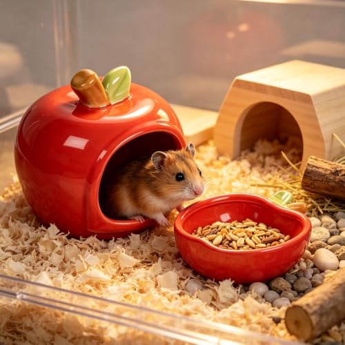 Ceramic Hamster Hideout & Food Bowl Set, Red | Apple-Shaped, Chew-Proof Sleeping Cave, Cooling Shelter Function, 2.9-inch Entrance, For Syrian Dwarf Hamsters, Mice - color: Red
