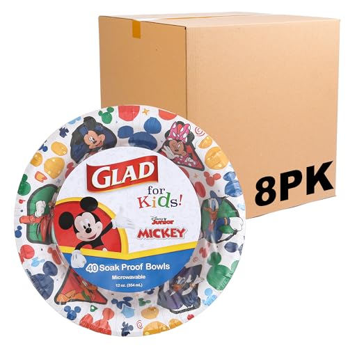 Glad for kids Disney Mickey & Friends Disposable Bowls, 12 Oz, 40 Ct, 8-Pk | Sturdy, cut-resistant paper bowls for snacks and parties, easy cleanup for everyday use - size: 40 Count (Pack of 8)