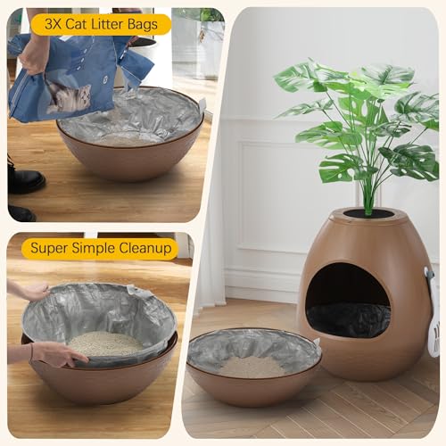 Eggloa6 Hidden Cat Litter Box with Artificial Plants ＆ Odor Removal System, Egg-Shaped Enclosure Includes Scoop ＆3PCS Liners Secret, Discreet Furniture, DIY Assembly Cat Litter Box Cabinet (Brown) - color: Brown