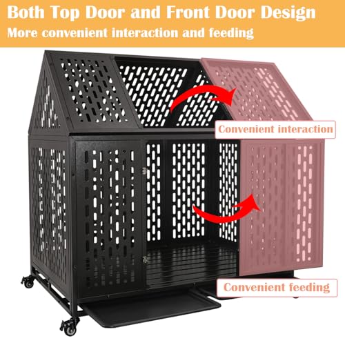 44 inch Heavy Duty Indestructible and Escape-Proof Dog Crate Cage for Large Giant Dogs, Steel Double Door Indoor High Anxiety Pet Kennel with Trays and Wheels, Extra Large XL XXL - size: 43.3"L x 29.7"W x 46.3"H