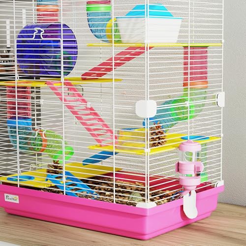 PawHut 18" 5 Tier Hamster Cage w/Tubes and Tunnels for Gerbil Pink | Small Animal Cage, Portable Carry Handle, Water Bottle, Food Dish, Exercise Wheel - color: Pink
