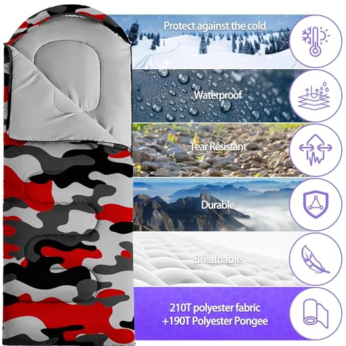 Sleeping Bags for Adults and Kids Backpacking Camping Sleeping Bags for Girls and Boys Lightweight Waterproof Cold/Warm Sleeping Bag for All Season - color: Red Camo
