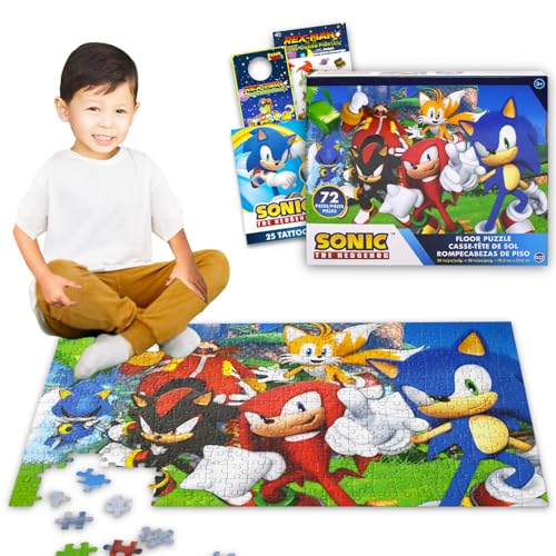 Sonic the Hedgehog Floor Puzzle for Kids Ages 3-5, Jumbo 30" x 20" Bundle | Sonic 72 Piece Jigsaw Floor Puzzle, Stickers, Tattoos, More | Sonic the Hedgehog Toys Jigsaw Puzzles for Boys