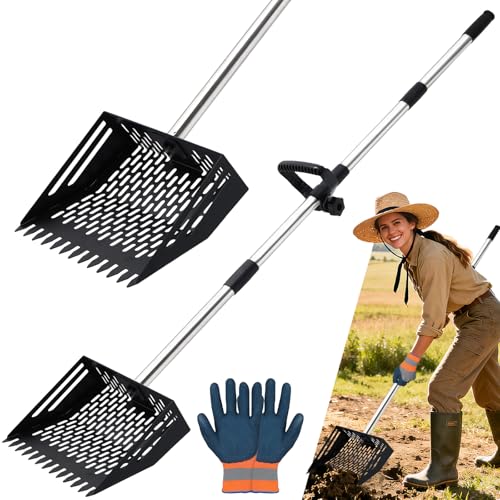 2-in-1 Chicken Poop Scooper & Rake, 10 Inch Coop Sand Sifting Shovel with 37" to 65" Adjustable Stainless Steel Handle, Litter Cleaning Tools with Gloves for Chicken Coop Farm Animals (Black) - color: Black