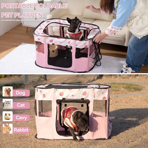 Portable Pet Cat Playpen,Cat Cages Indoor Collapsible Dog Crates Tent Kennel Playpen for Dogs Cat and Rabbit Travel Dog Playpen Indoor & Outdoor (Small（27.6" L x 21.7" W x 17.7" H）, Pink) - color: Pink, style: Small（27.6"L x 21.7"W x 17.7"H）