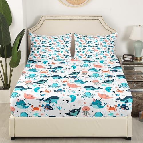 Cute Whale Bed Sheets Twin Size, Kids Kawaii Cartoon Octopus Sheet Set, Jellyfish Shell Starfish Crab Fitted Sheet For Little Boys Girls, Ocean Beach Sea Animals Bedding Set With Kawaii Flat Sheet - color: Multi 08, size: Twin